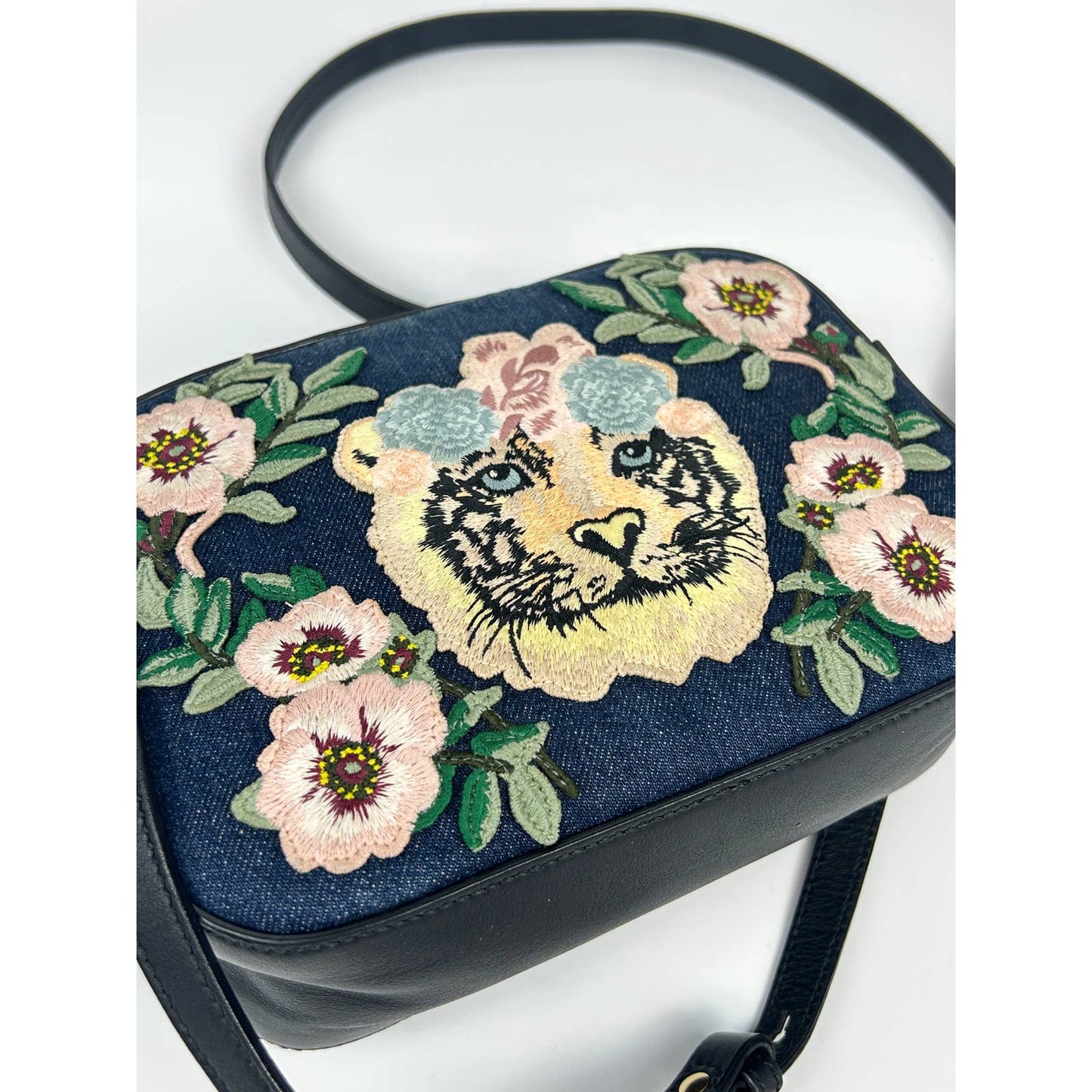 Gucci Denim Flower Tiger Embroidered Crossbody Bag