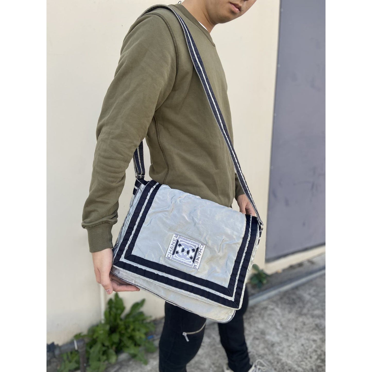 Chanel Grey Reflective Shoulder Messenger Bag