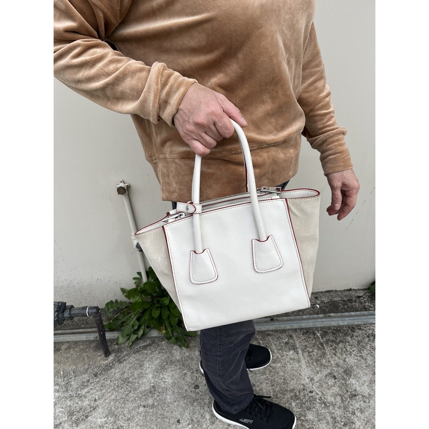 Prada White Leather Trapeze Shoulder Hand Bag