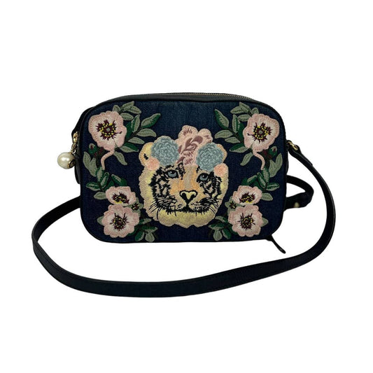 Gucci Denim Flower Tiger Embroidered Crossbody Bag
