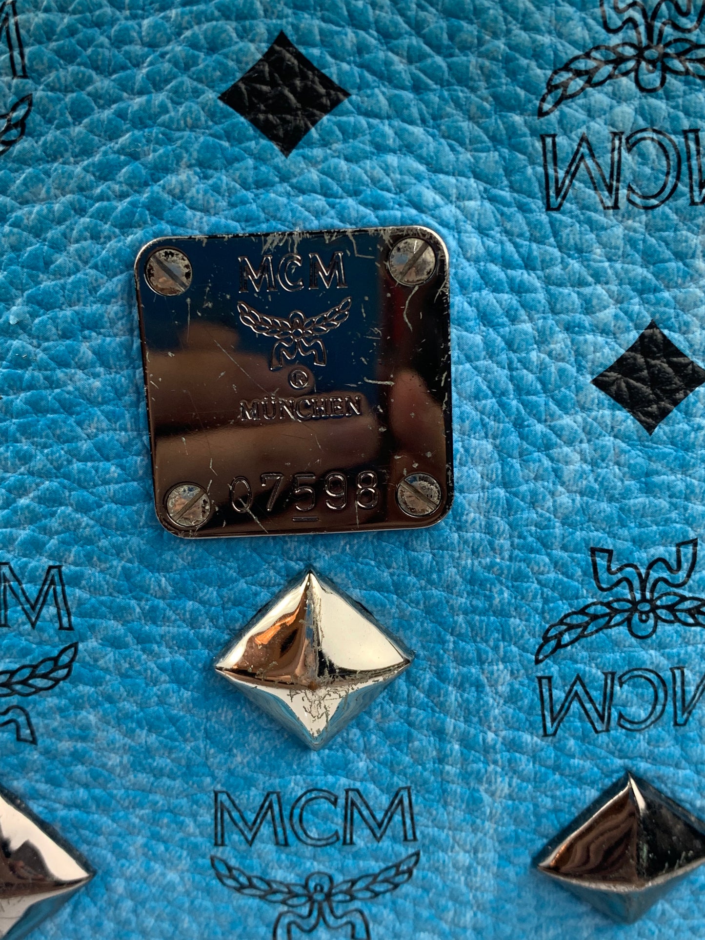 MCM Blue Visetos Studded Backpack Bag