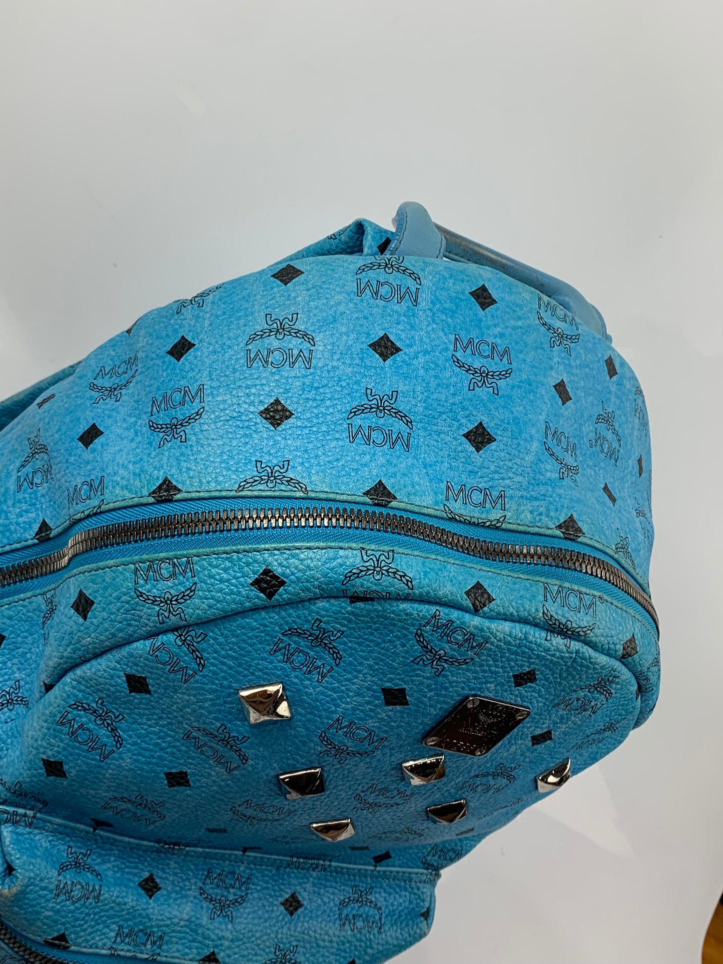 MCM Blue Visetos Studded Backpack Bag